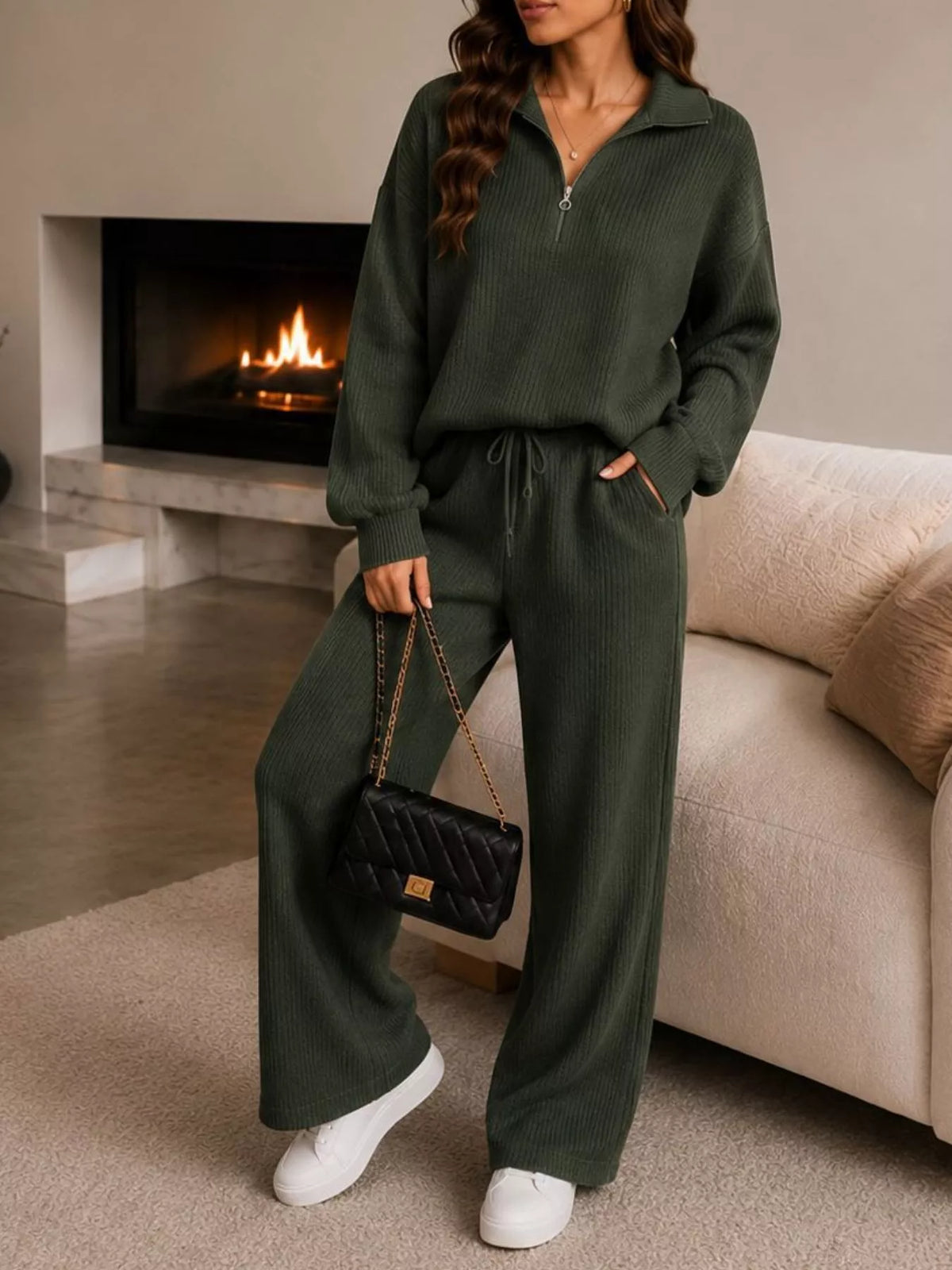 Ribbed Knit Quarter-Zip Top and Wide-Leg Pants Set