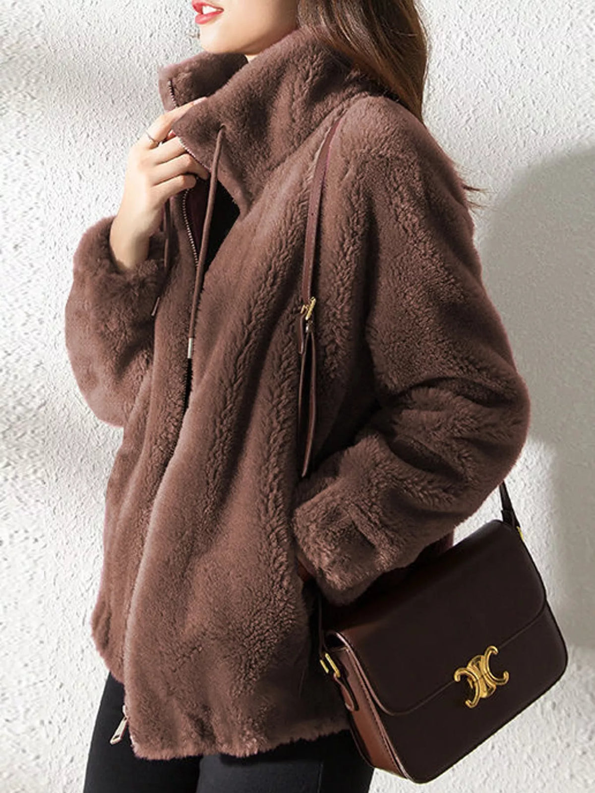Full Size Drawstring Faux Fur Stand-Collar Zip-Up Outerwear Plus Size