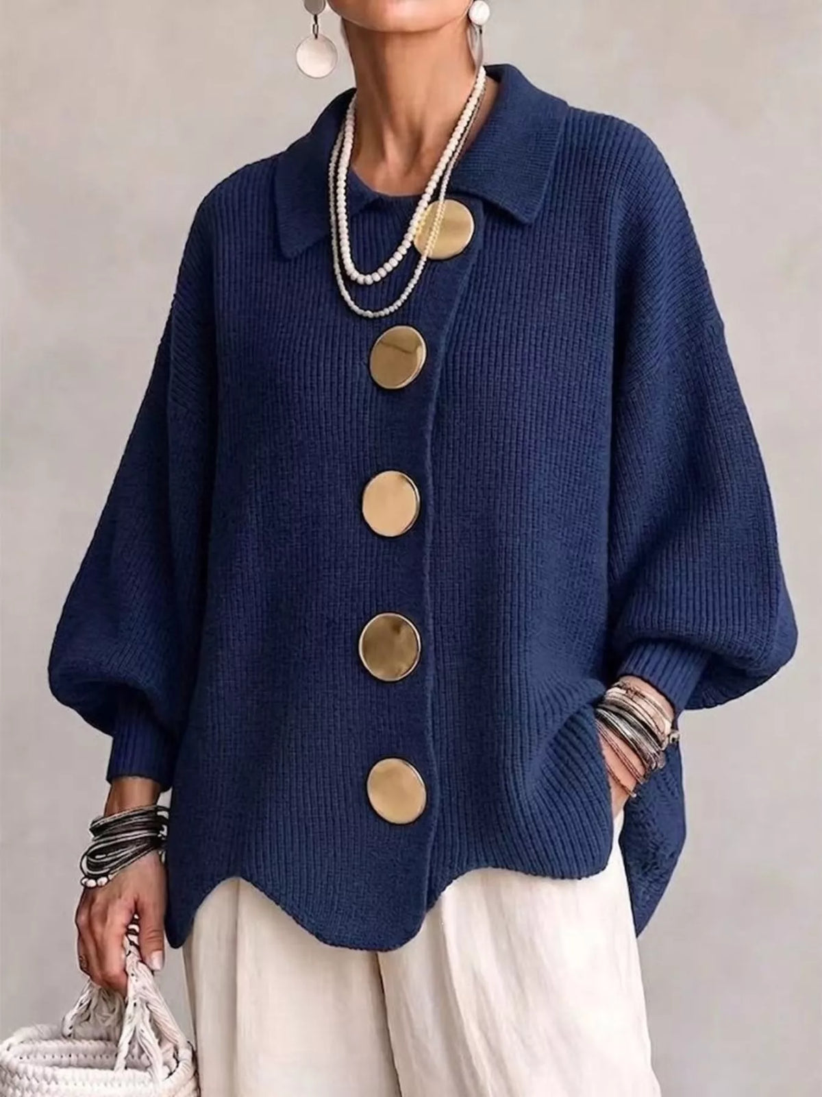 Full Size Ribbed Knit Gold Buttons Cardigan Plus Size