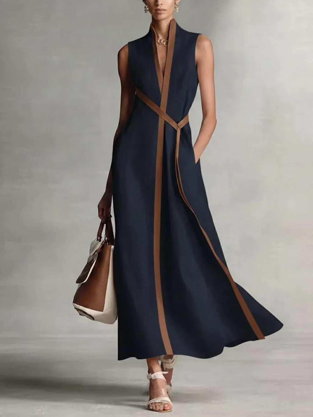Full Size Sleeveless Wrap Maxi Dress with Contrast Trim Plus Size