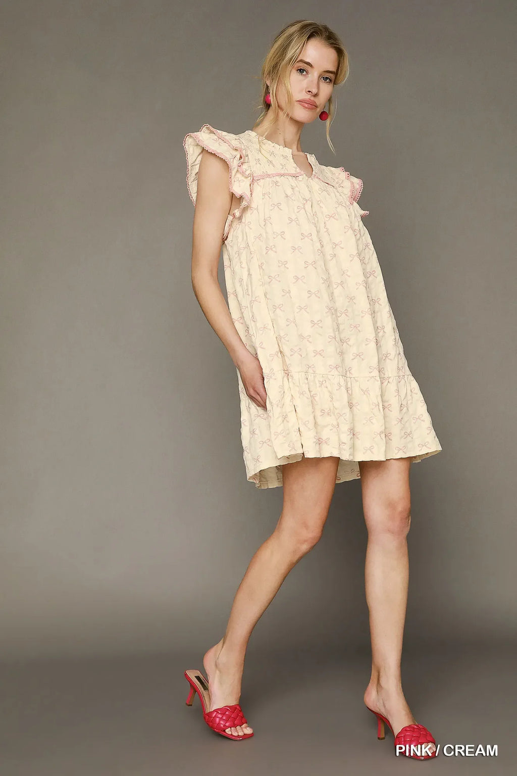 Umgee Bow Print Ruffled Cap Sleeve Mini Dress