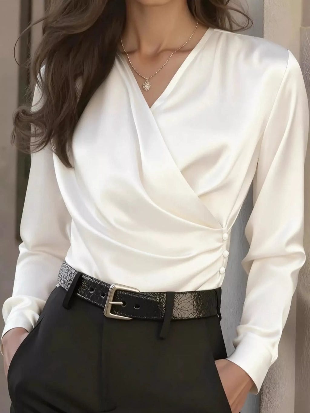 Satin Surplice Long Sleeve Blouse