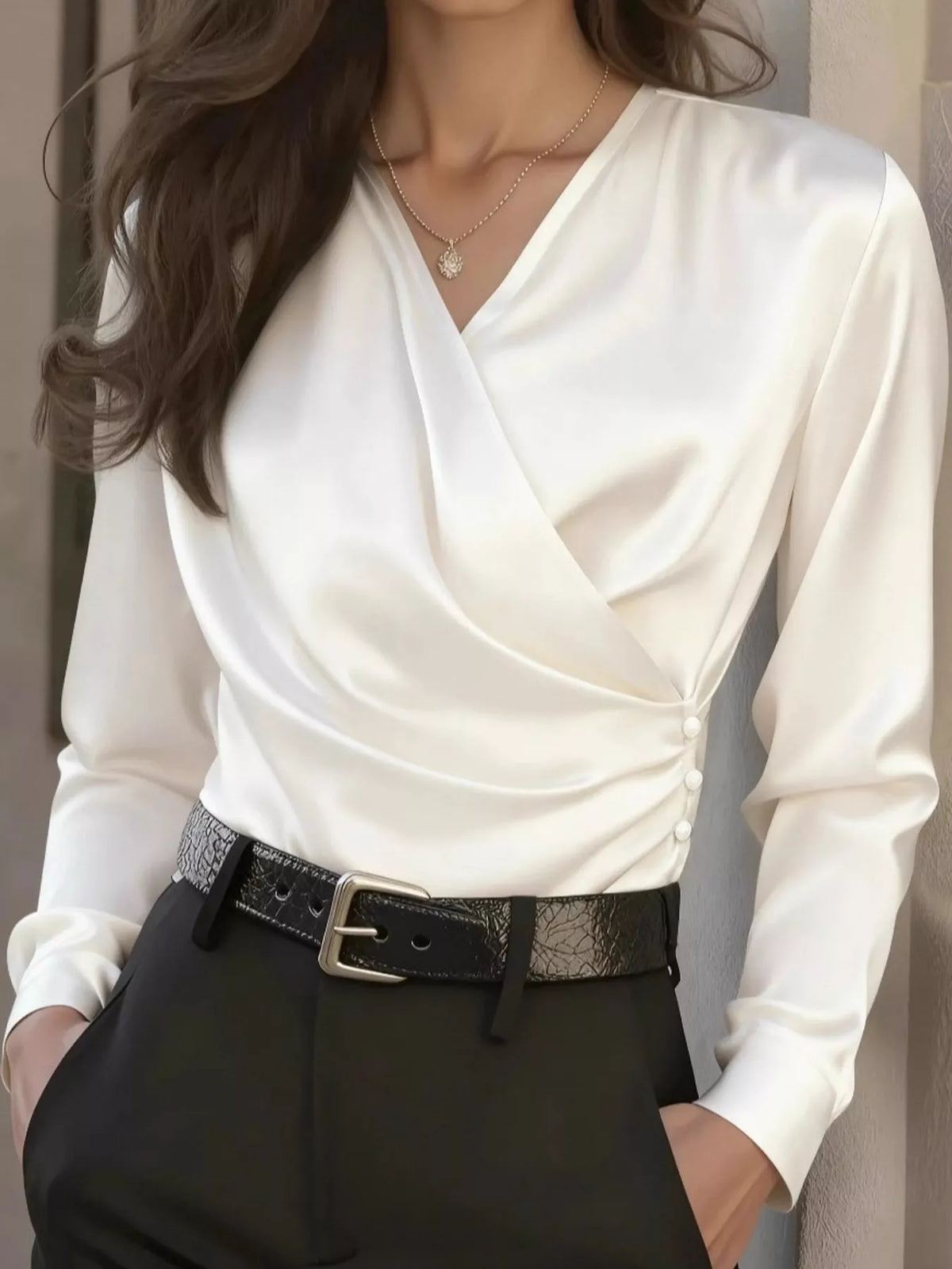 Satin Surplice Long Sleeve Blouse