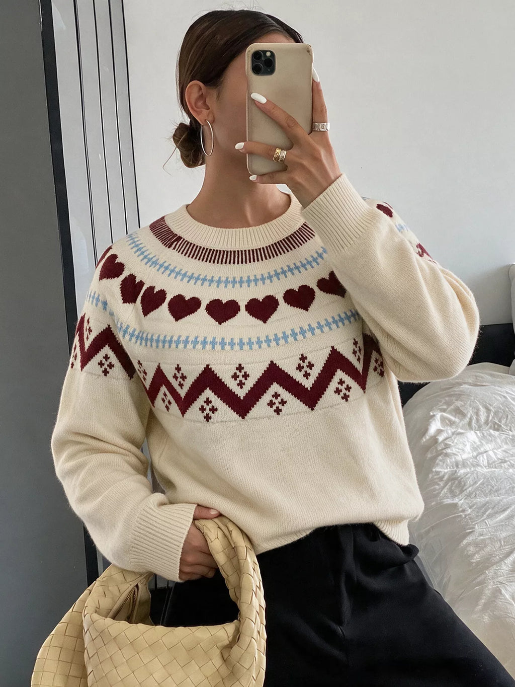 Heart-Patterned Crew Neck Sweater
