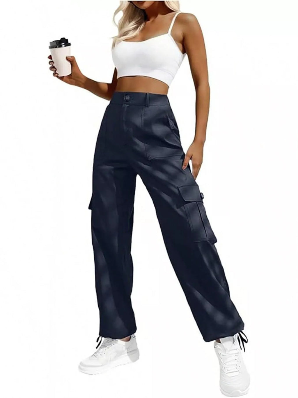 High-Waisted Cargo Pants with Drawstring Cuffs