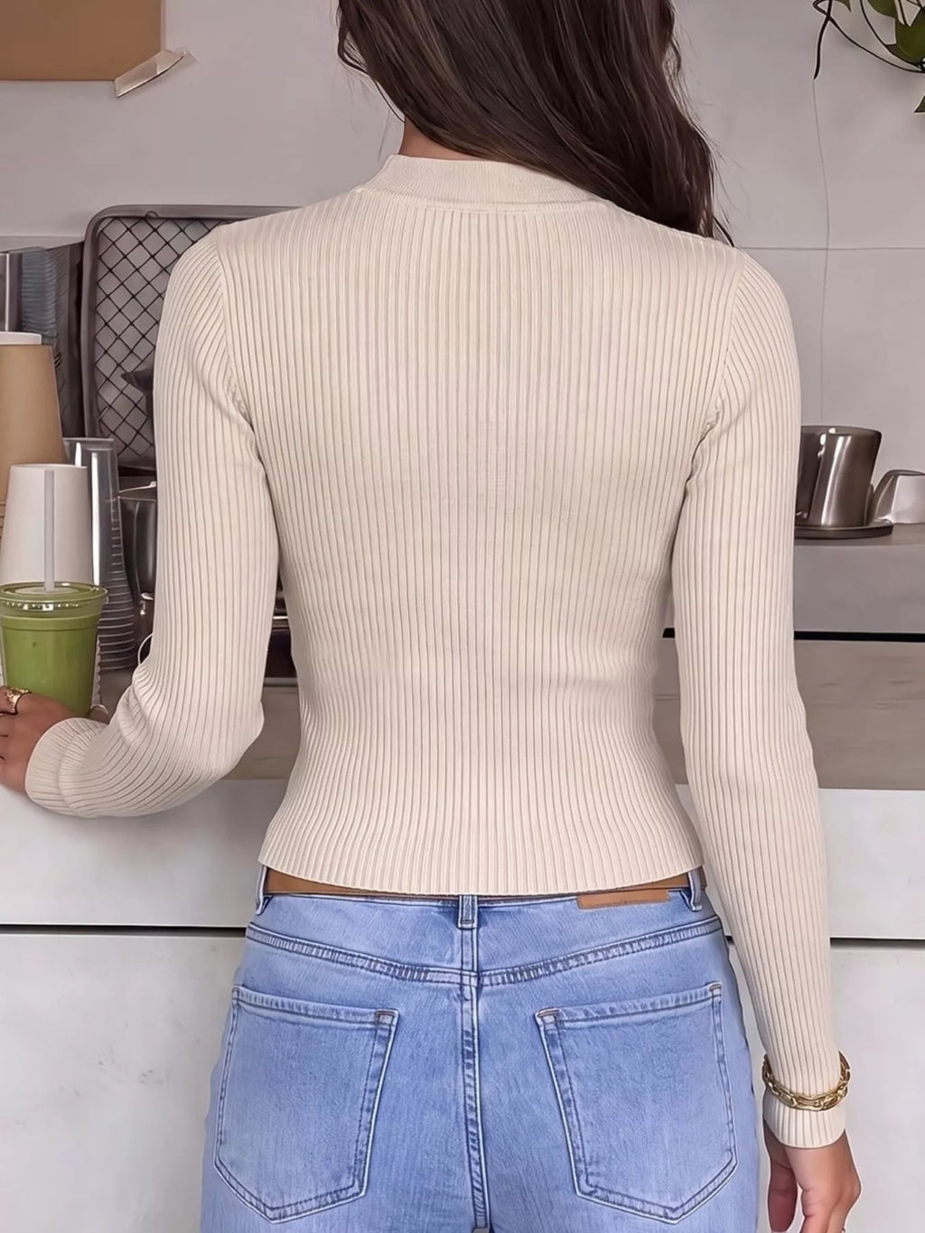 Chinese-Style Knot Detail Ribbed Knit Top
