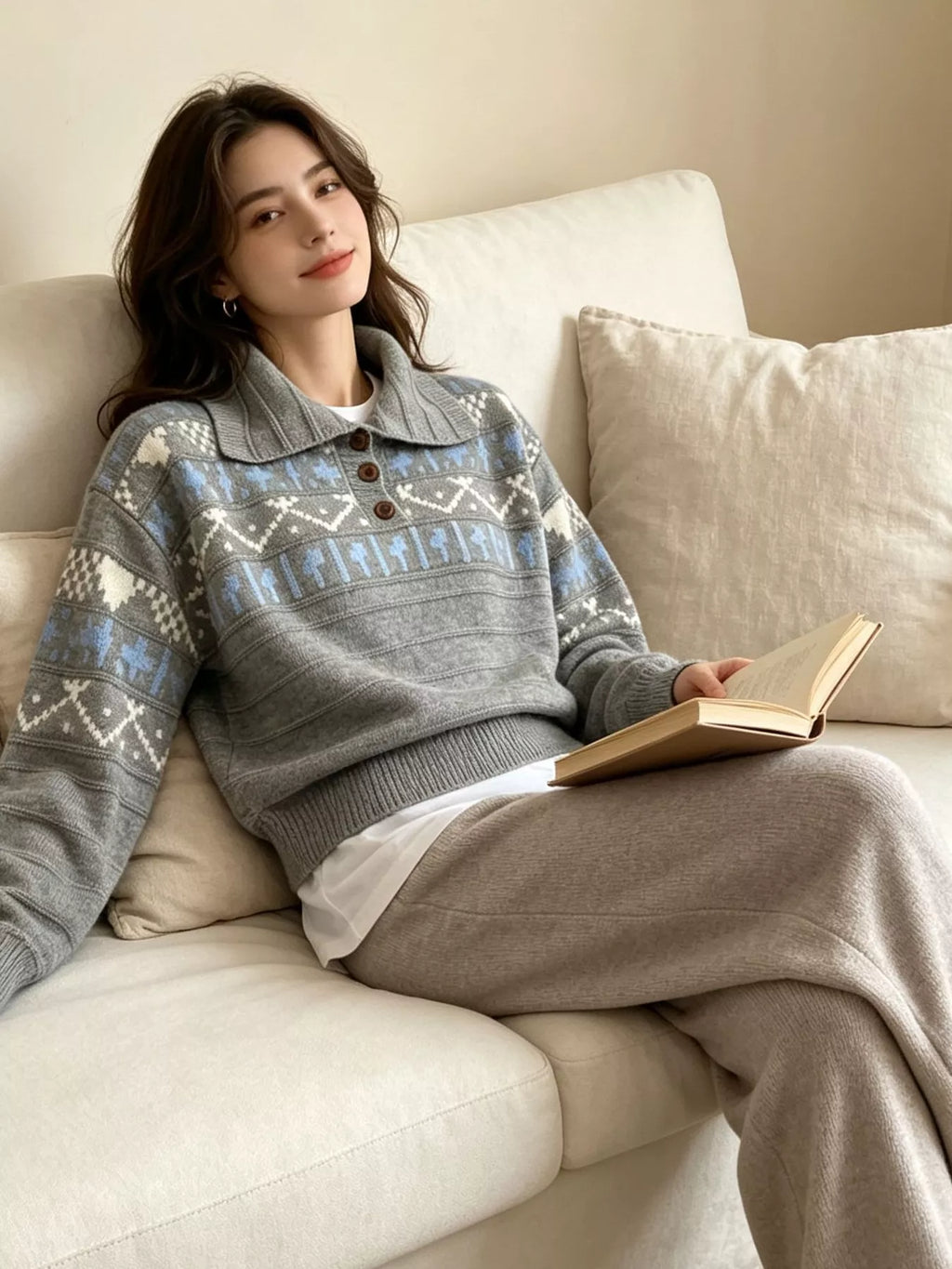 Vintage-Inspired Fair Isle Patterned Polo Sweater