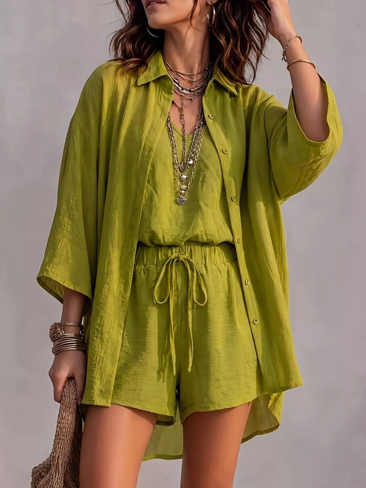 V-Neck Tank & Button-Down Shirt and Shorts Set