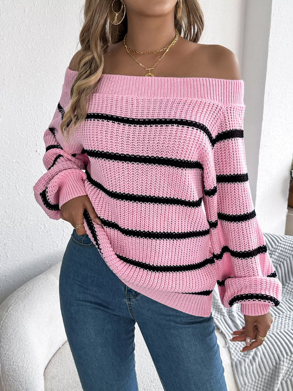 Off-Shoulder Striped Contrast Sweater