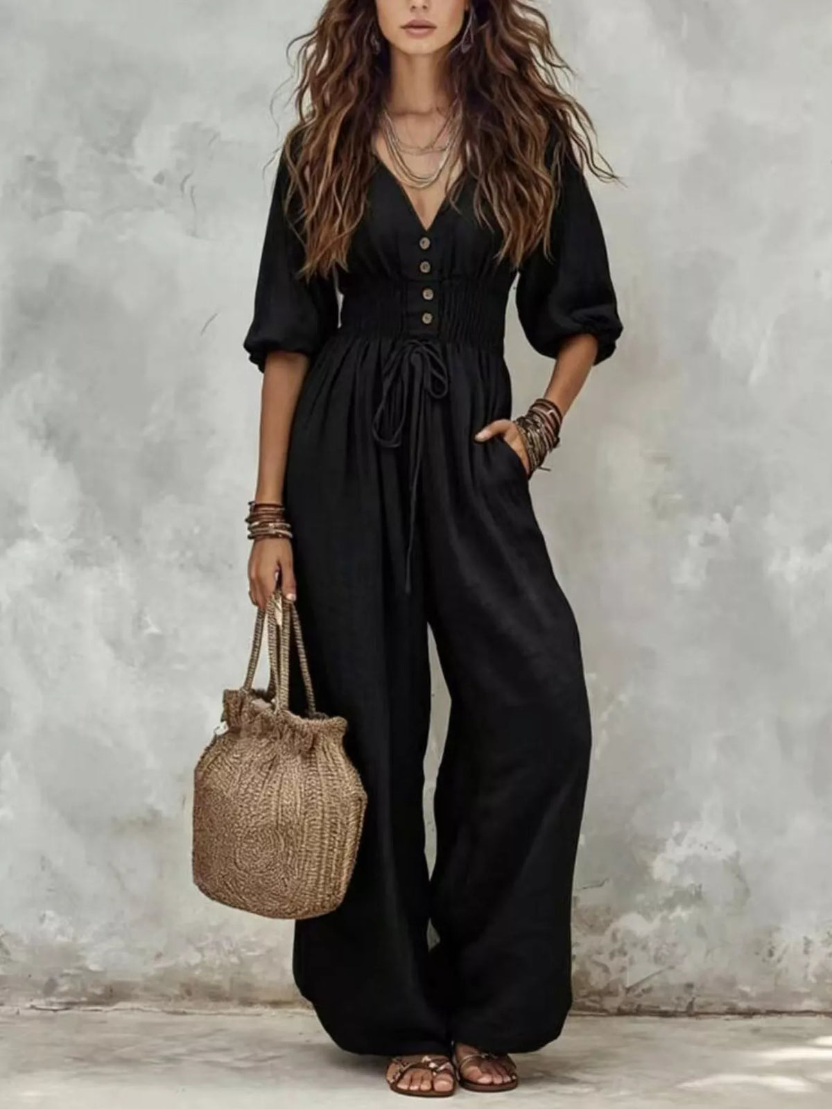 V-Neck Smocked Waist Wide-Leg Jumpsuit