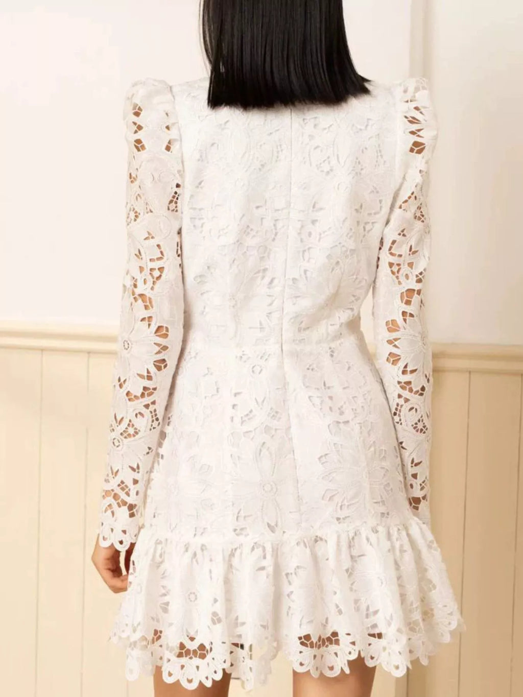 Lace Long-Sleeve Mini Dress with Scalloped Neckline