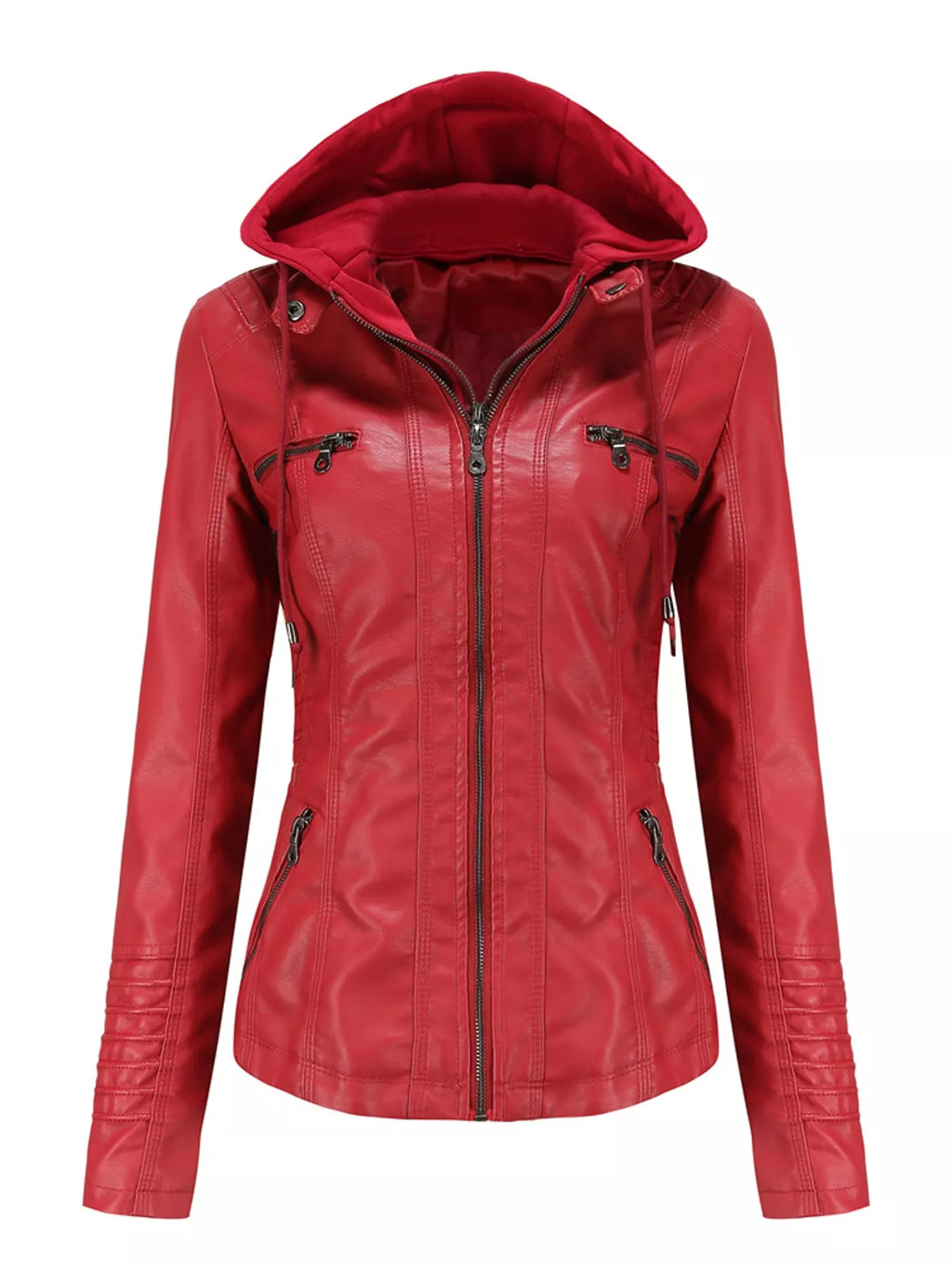 Full Size Detachable Hooded Faux Leather Moto Jacket Plus Size