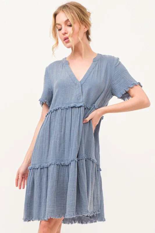 Washed Frayed Tiered Midi Dress with Ruffle Trim