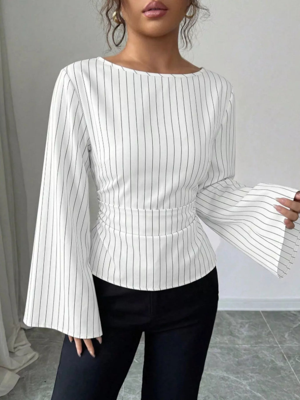 Elegant Pinstriped Bell Sleeve Blouse with Back Lace Up