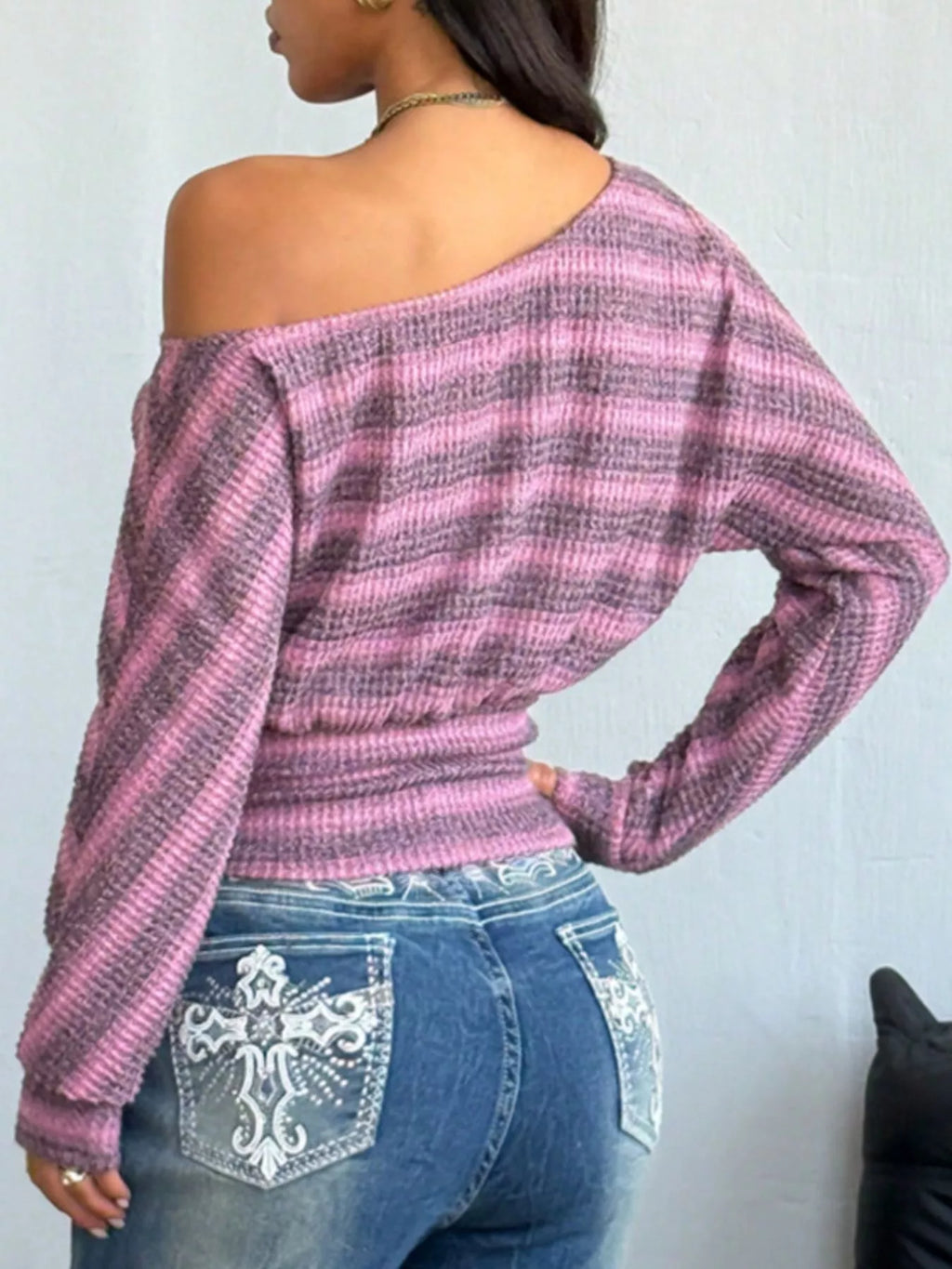 Off-Shoulder Striped Cropped Knit Top