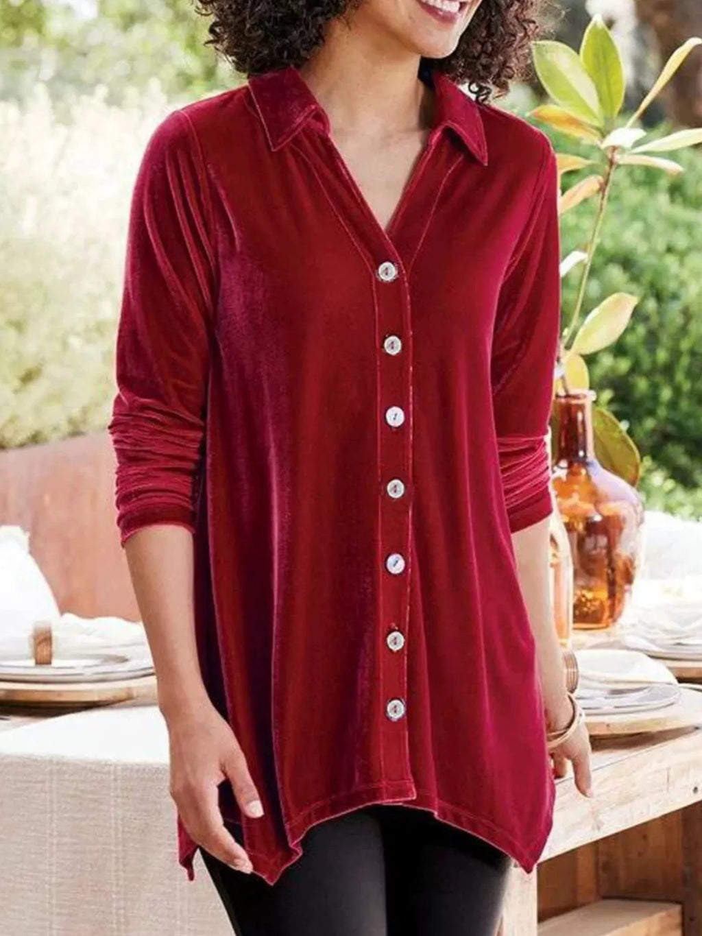 Velvet Button-Down Long Sleeve Shirt with Asymmetrical Hemline