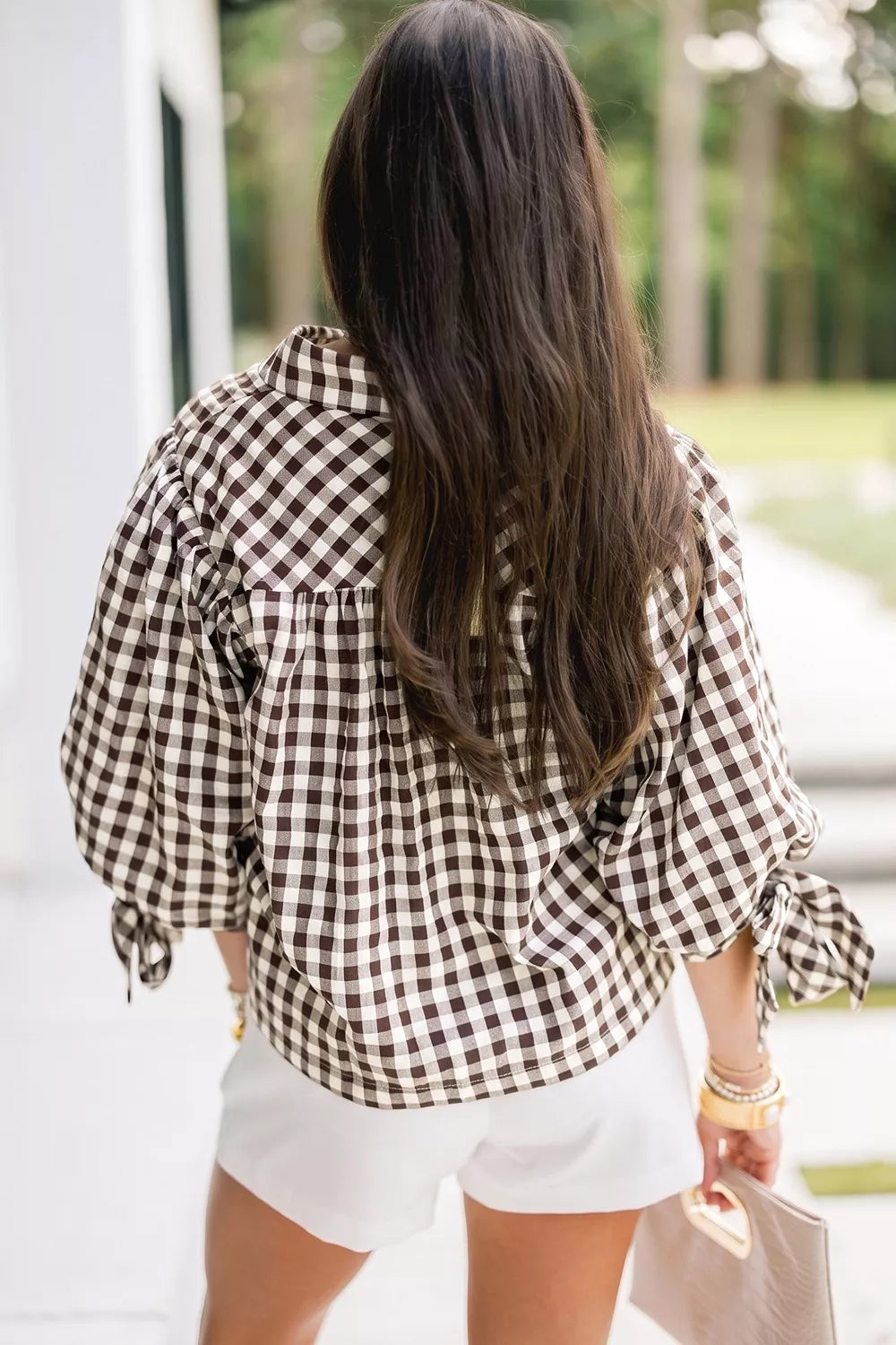 Gingham Scalloped Trim Tie Sleeve Shirt