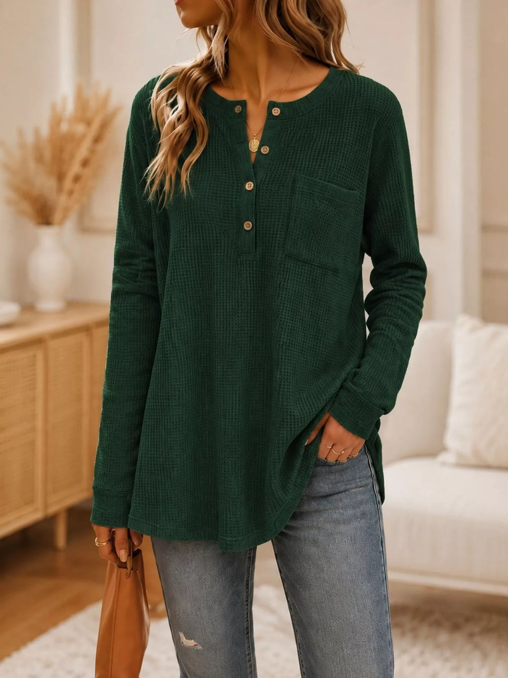 Waffle Knit Button Detail Top