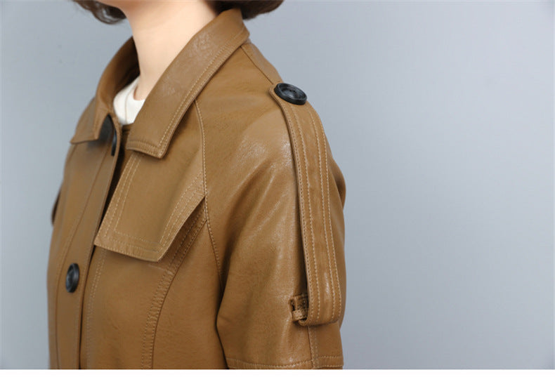 New Women Leather Trench Spring Turn-down Collar Solid Color Drawstring Loose Long Sheepskin Coat
