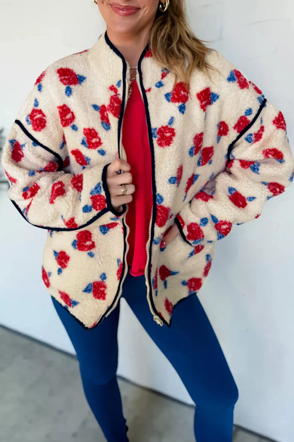 Floral Print Zipper Stand Neck Outerwear Fleece Coat