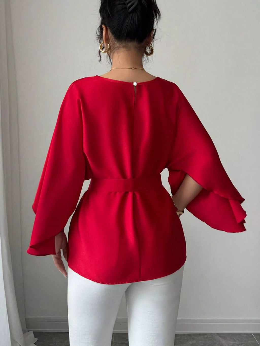 Round Neck Belt Batwing Sleeve Blouse