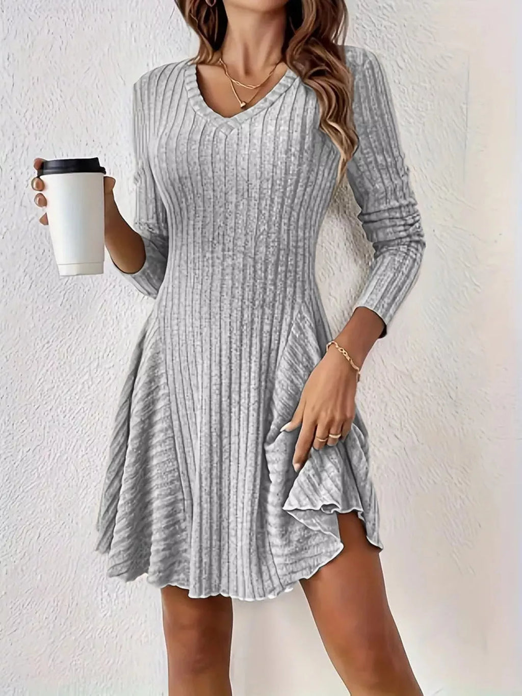 V-Neck Ribbed Knit A-Line Dress