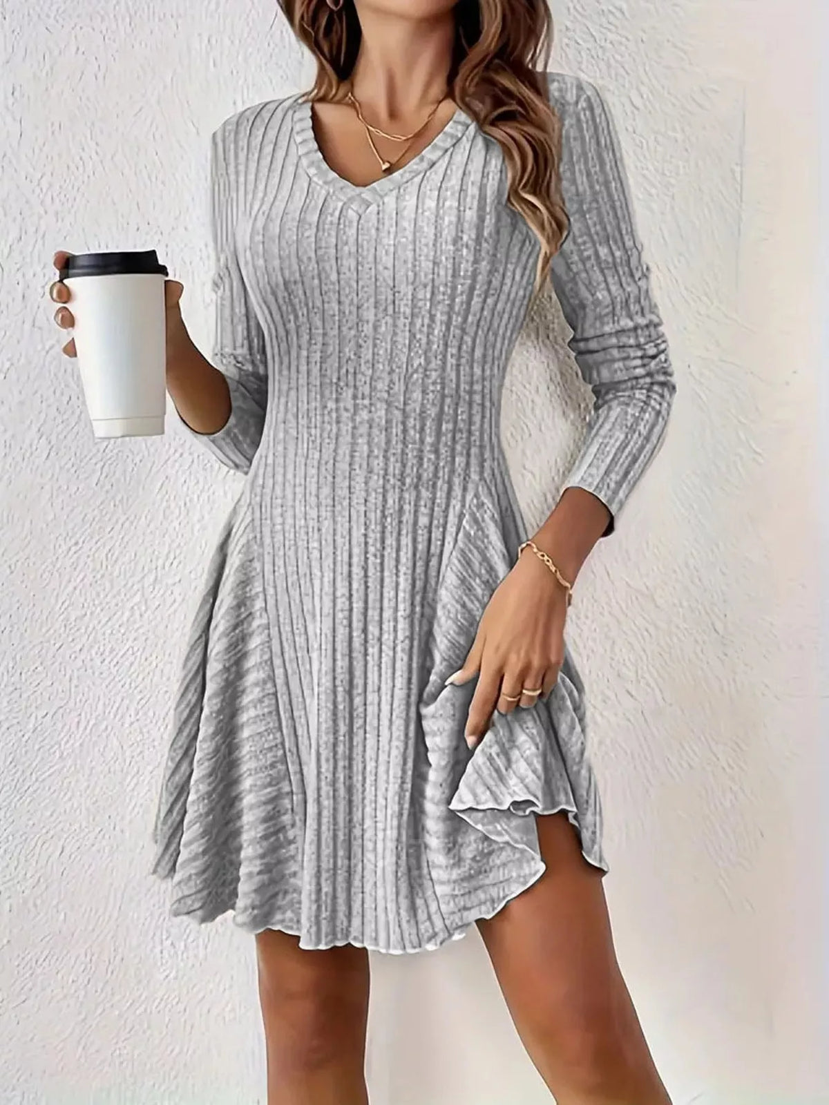 V-Neck Ribbed Knit A-Line Dress