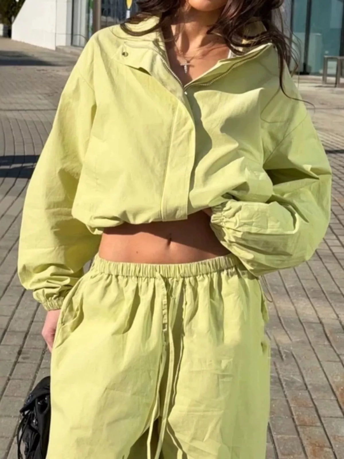 Drawstring Hem Crop Jacket and Wide-Leg Pant Set