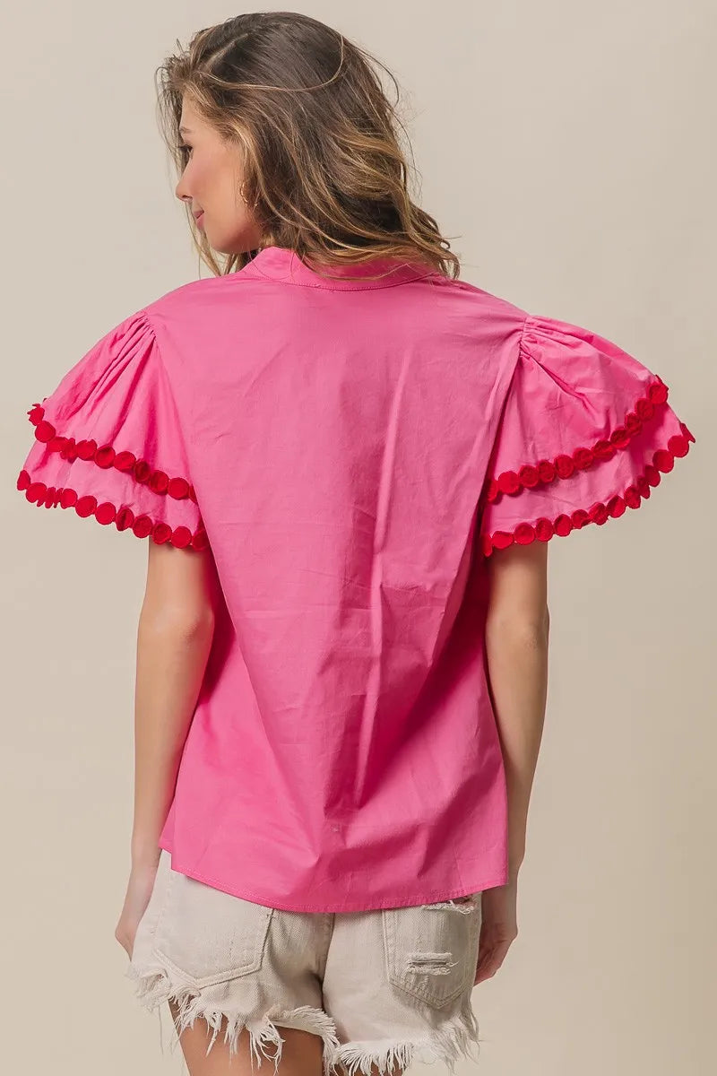 BiBi Dot Trim Flutter Sleeve Notched Top