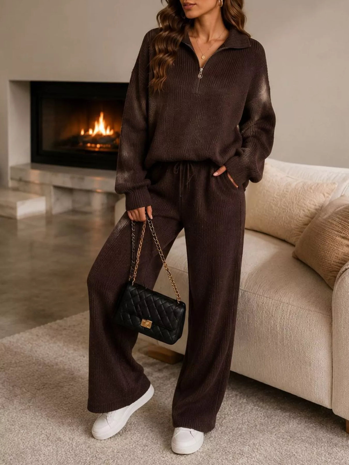 Ribbed Knit Quarter-Zip Top and Wide-Leg Pants Set