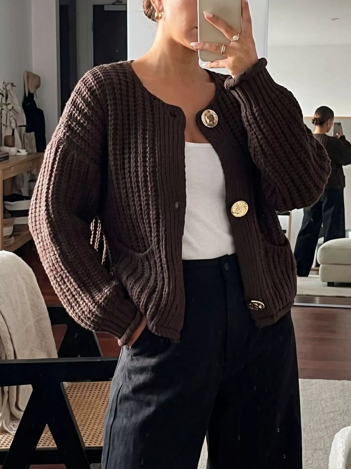 Ribbed Knit Cardigan with Gold-Tone Buttons