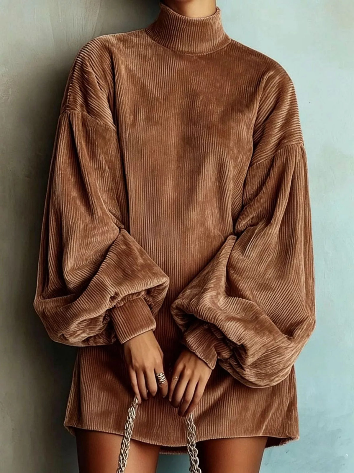 Full Size Corduroy Mock Neck Lantern Sleeve Mini Dress Plus Size