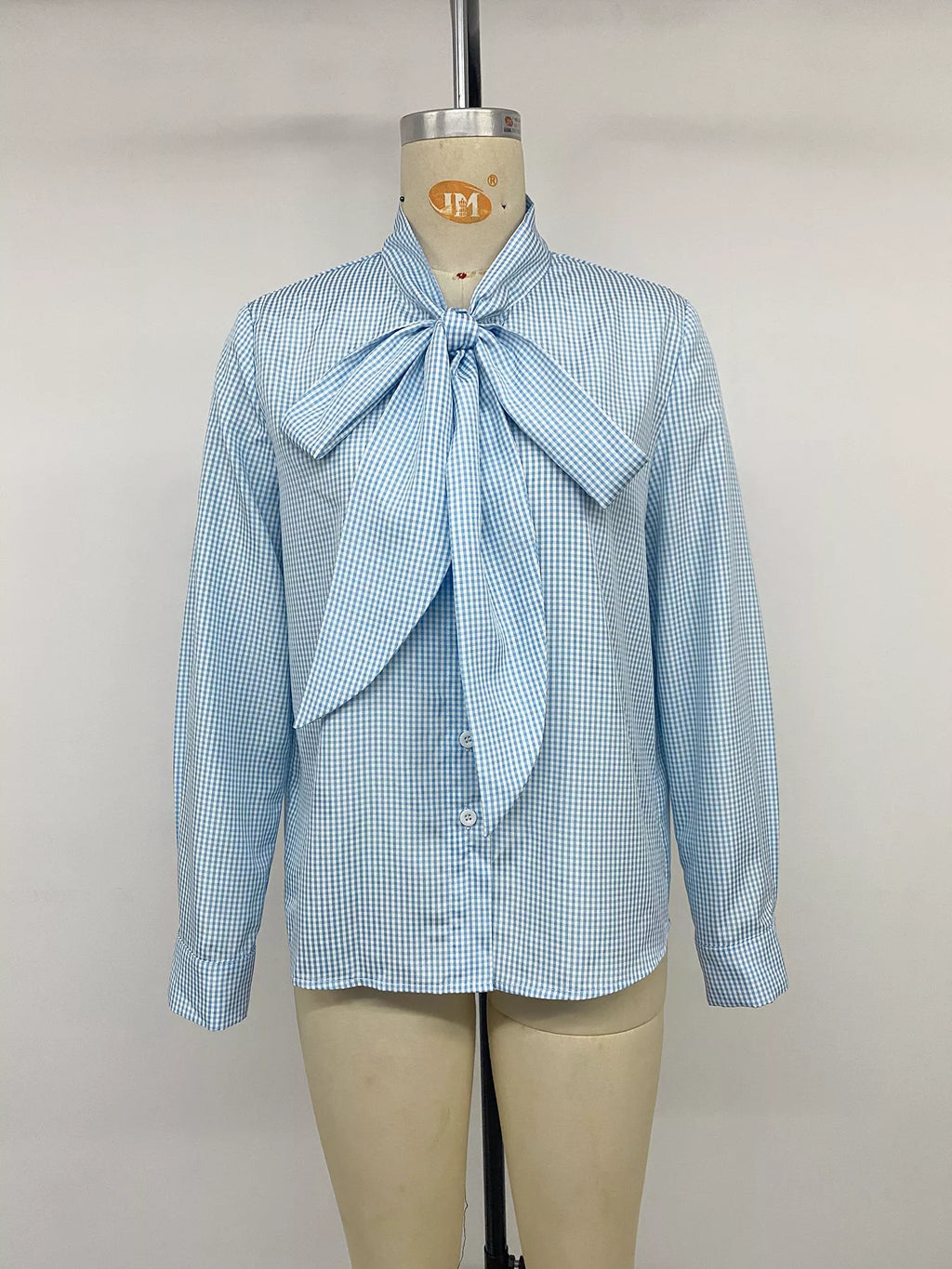 Gingham Bow-Tie Neck Long Sleeve Shirt