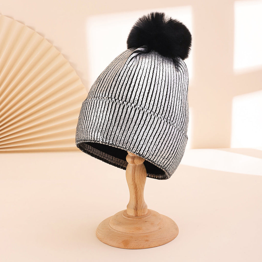 Colorful Stamped Gold Large Wooly Ball Knitted Hood For Autumn Winter With Vertical Stripes And Flared Edges  Warm And Stylish Knitted Hat