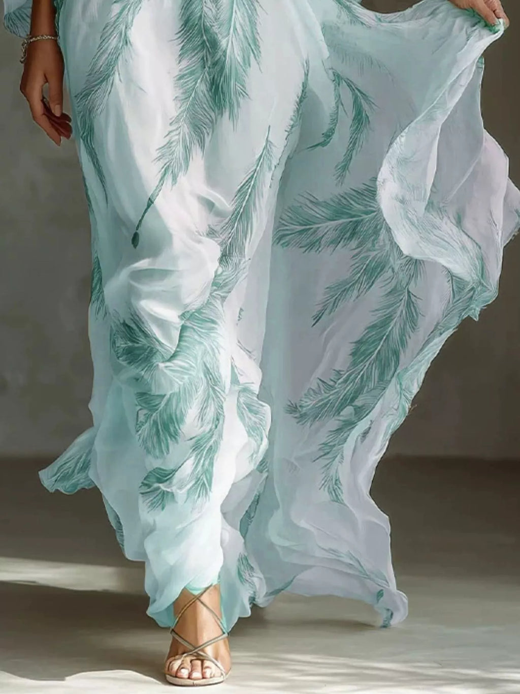Full Size Feather Print V-Neck Flowy Maxi Dress Plus Size