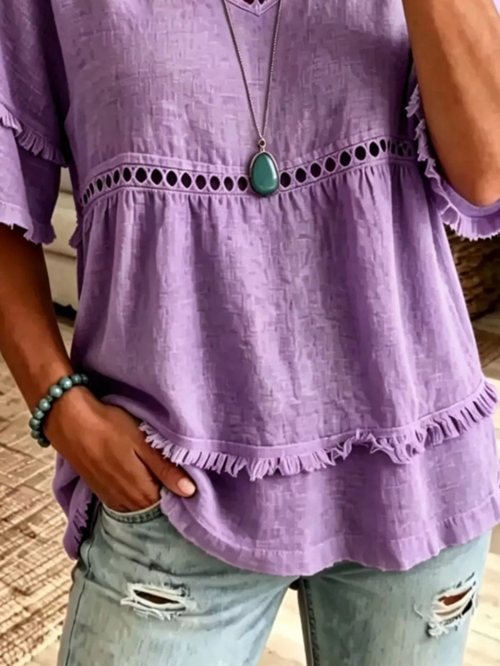 Eyelet V-Neck Frayed Edge T-Shirt