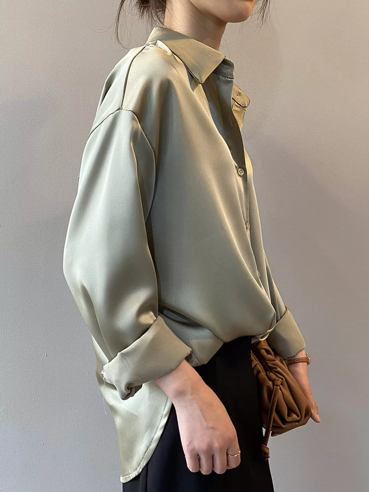 Satin Button-Down Long Sleeve Shirt