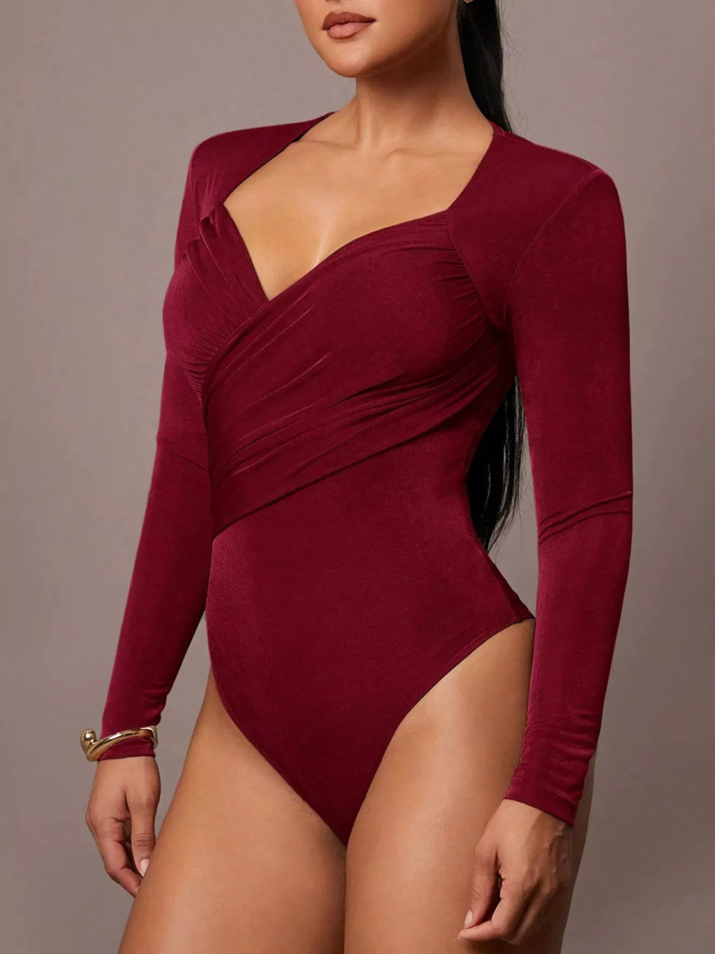Ruched Surplice Long Sleeve Bodysuit