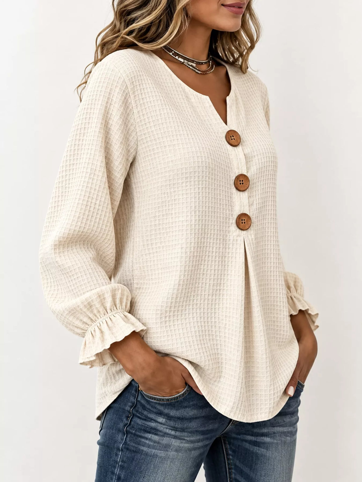 Full Size Waffle Knit Flounce Sleeve Blouse Plus Size