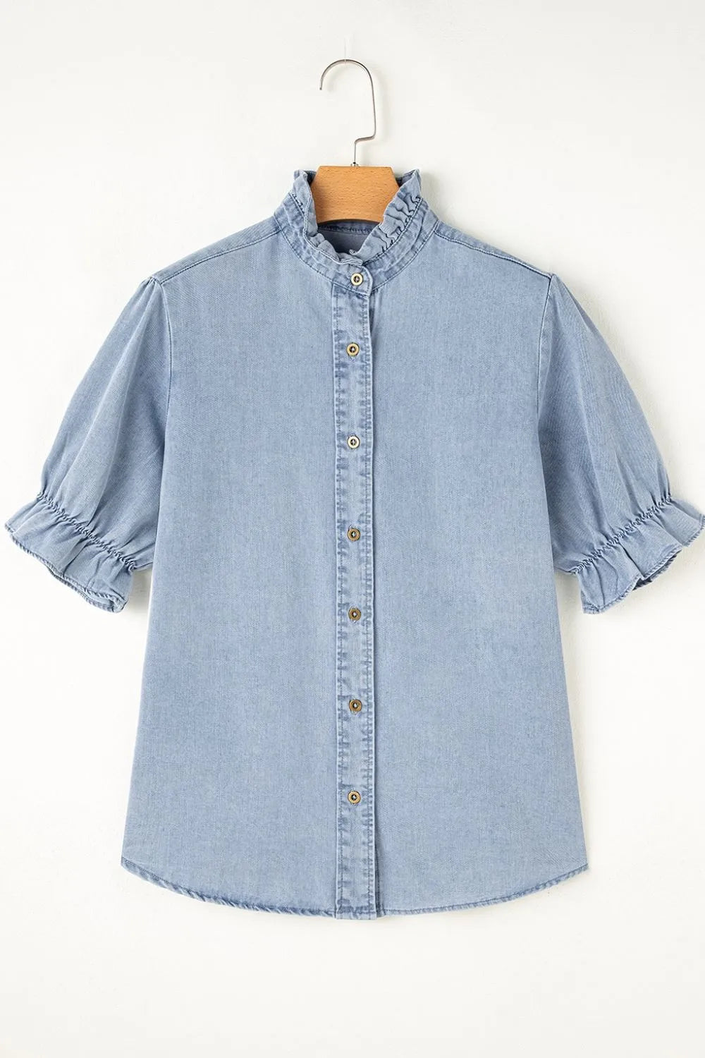 Ruffle Short Puff Sleeve Button Down Denim Shirt