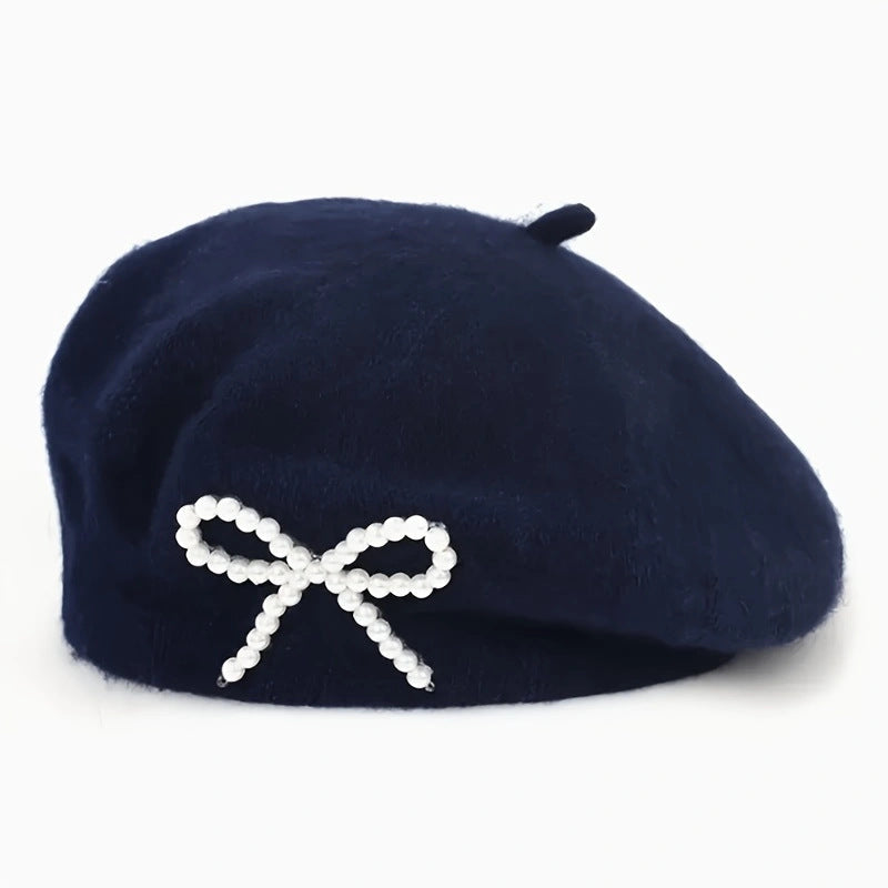 Pearl Bow Wool Breathable Beret