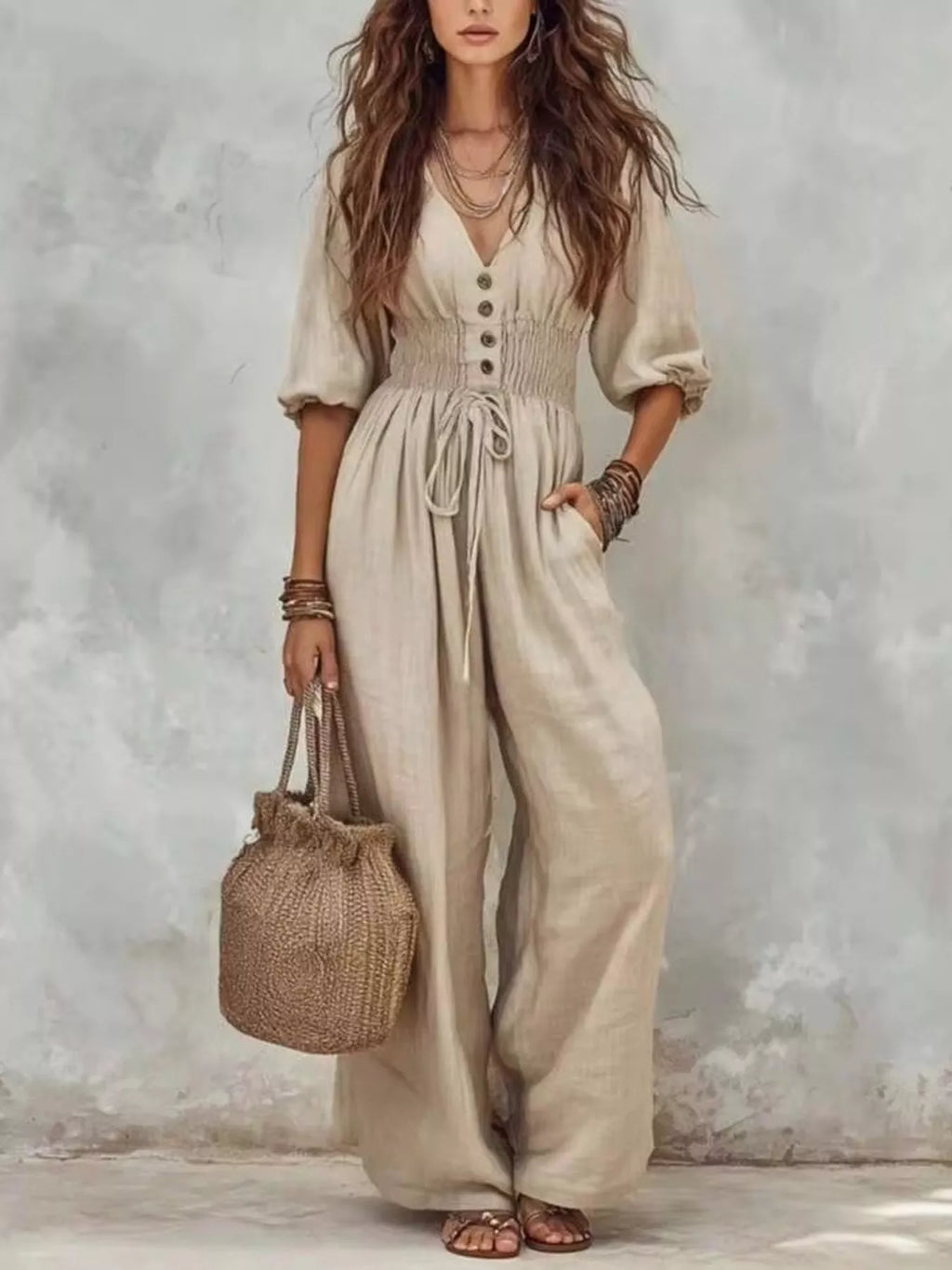V-Neck Smocked Waist Wide-Leg Jumpsuit