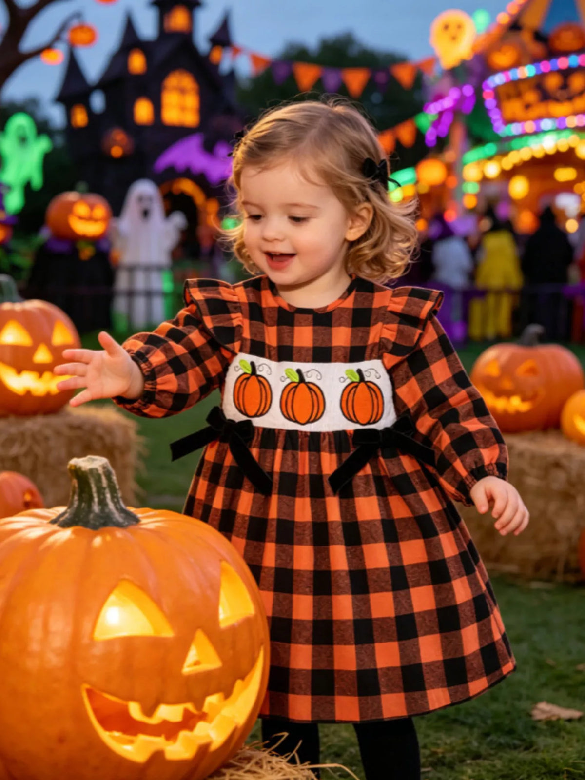 Children's Halloween Plaid Pumpkin Smocked Dress