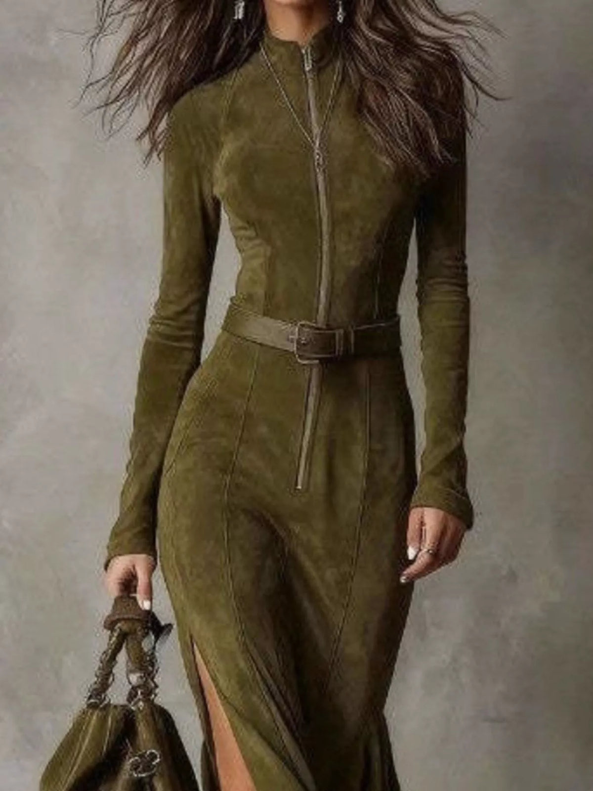 Full Size Slit Zip-Front Long Sleeve Maxi Dress with Belt Plus Size