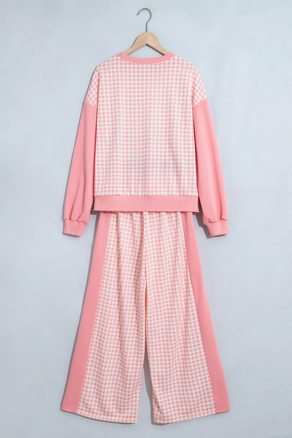 Color Block Plaid Patchwork Long Sleeve Pullover Wide Leg Pant Set