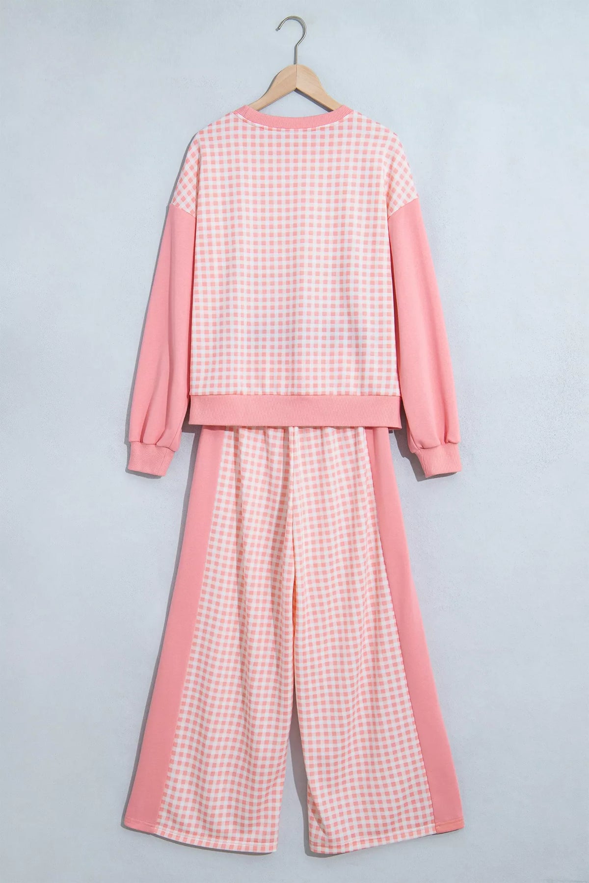 Color Block Plaid Patchwork Long Sleeve Pullover Wide Leg Pant Set