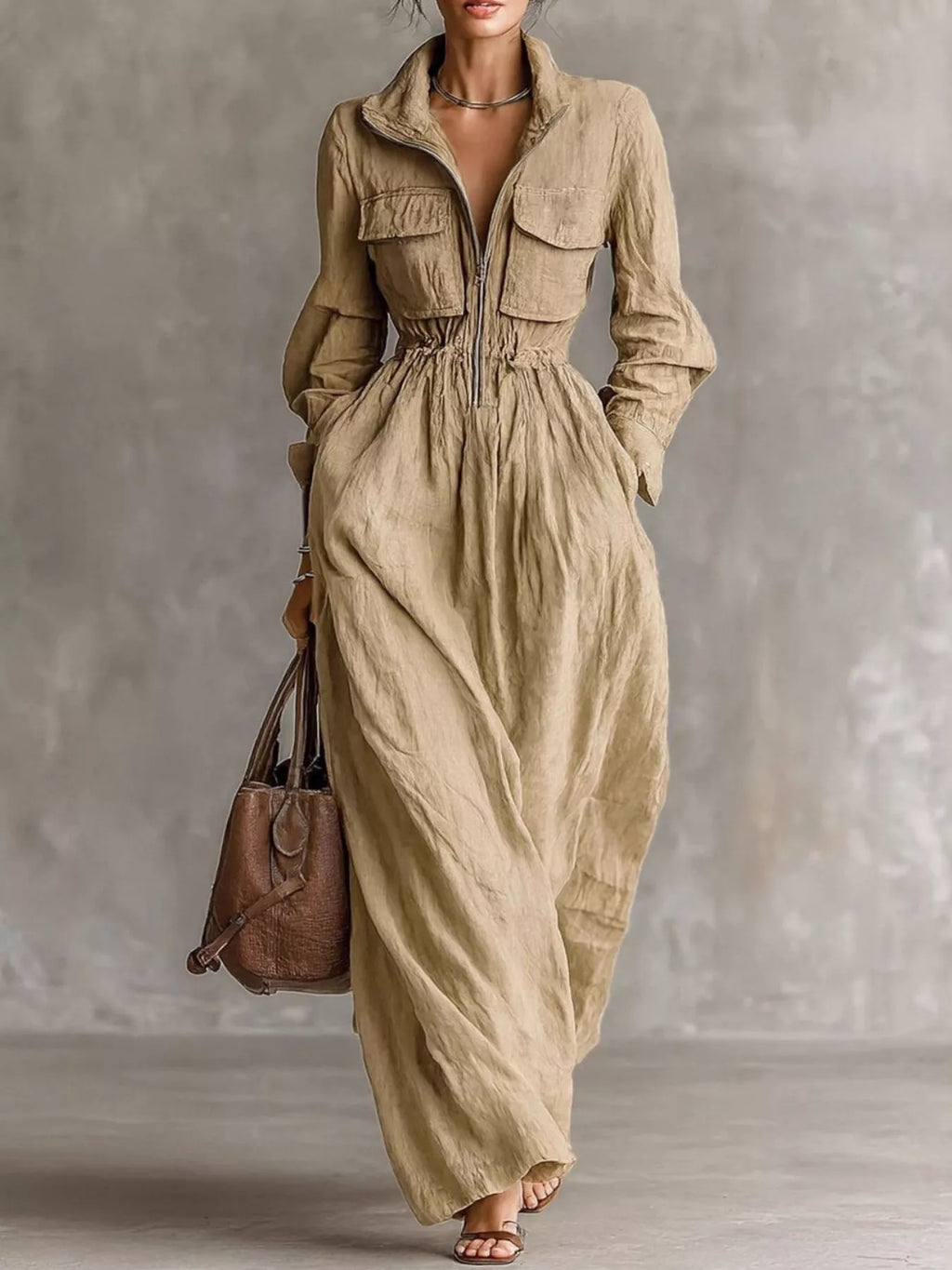Zip-Front Long Sleeve Maxi Shirt Dress