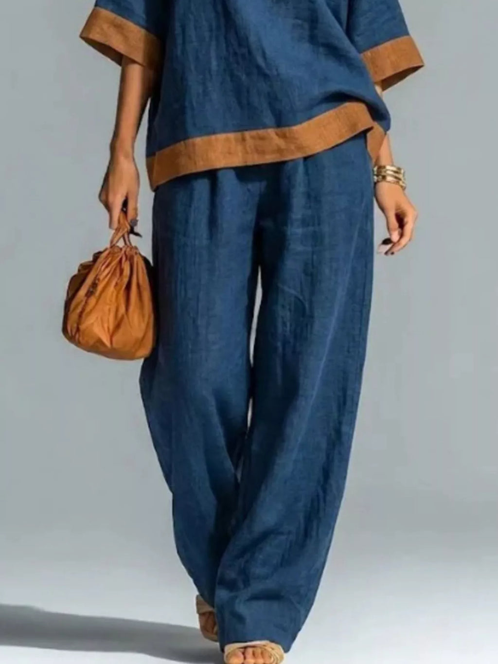Full Size Contrast Trim Top and Wide Leg Pants Set Plus Size