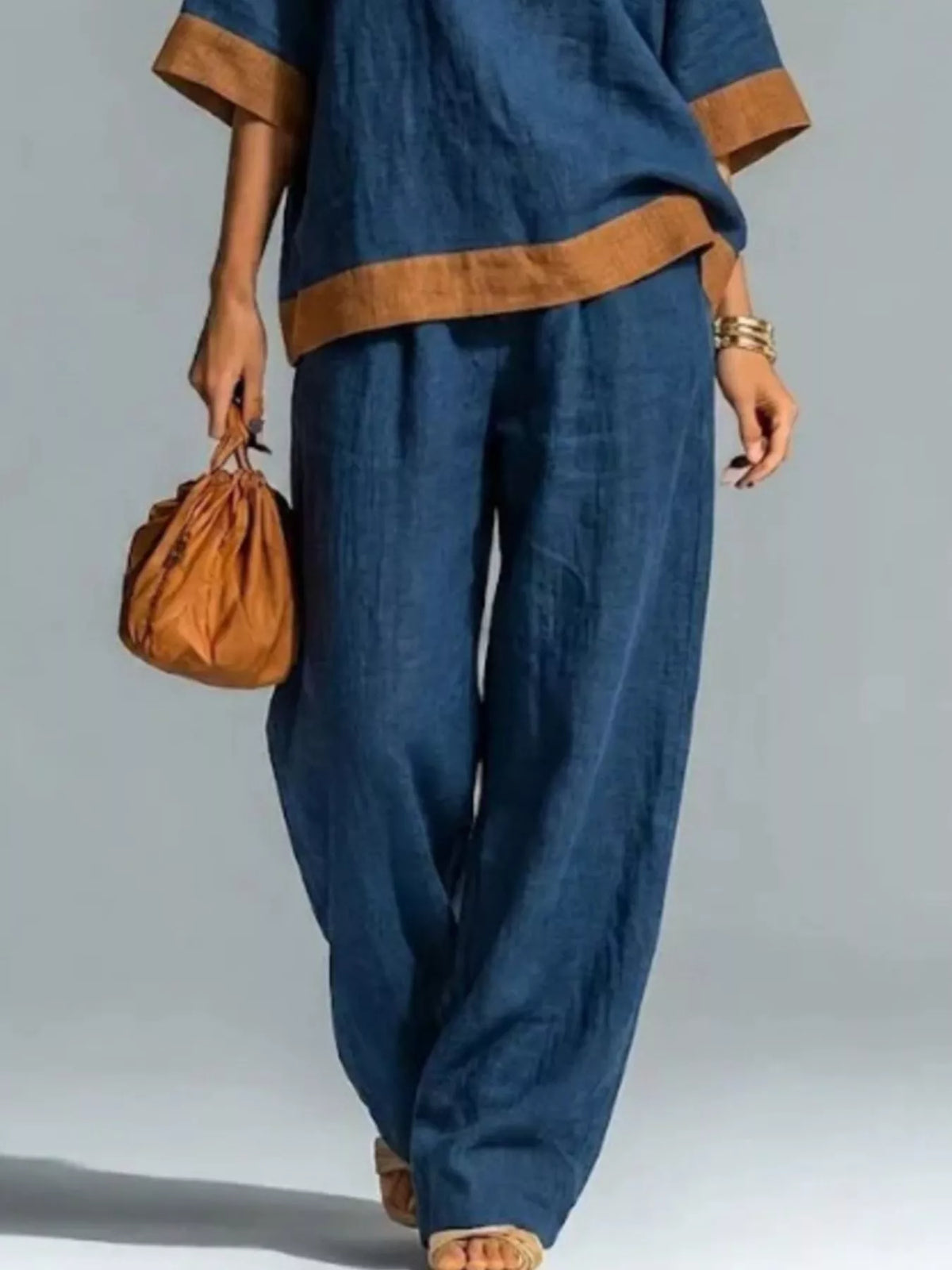 Full Size Contrast Trim Top and Wide Leg Pants Set Plus Size