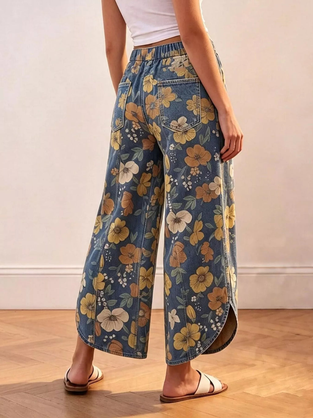 Floral Print Elastic Waist Wide-Leg Jeans